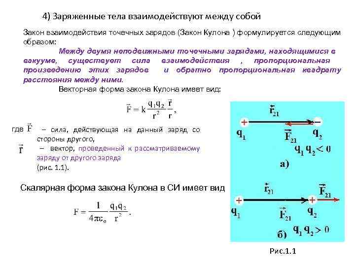 4) Заряженные тела взаимодействуют между собой Закон взаимодействия точечных зарядов (Закон Кулона ) формулируется
