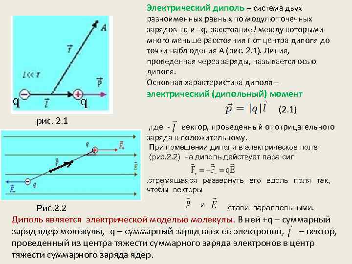 Электрический диполь – система двух разноименных равных по модулю точечных зарядов +q и –q,