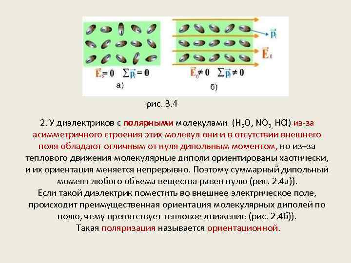 рис. 3. 4 2. У диэлектриков с полярными молекулами (H 2 O, NO 2,