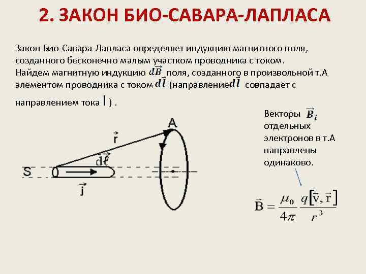 2. ЗАКОН БИО-САВАРА-ЛАПЛАСА Закон Био-Савара-Лапласа определяет индукцию магнитного поля, созданного бесконечно малым участком проводника