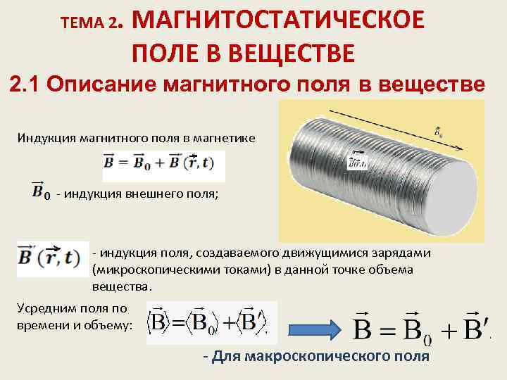 ТЕМА 2 . МАГНИТОСТАТИЧЕСКОЕ ПОЛЕ В ВЕЩЕСТВЕ 2. 1 Описание магнитного поля в веществе