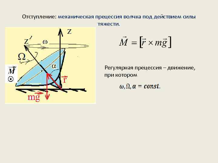 Отступление: механическая прецессия волчка под действием силы тяжести. Регулярная прецессия – движение, при котором