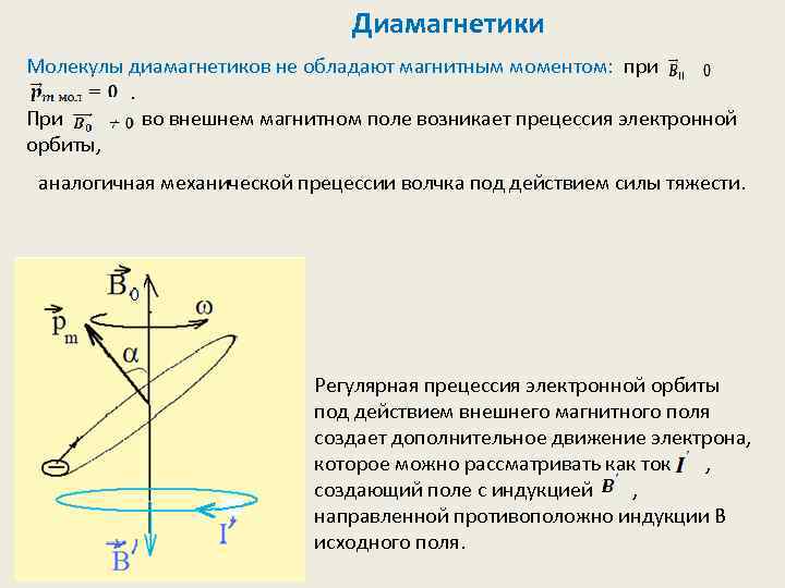 Диамагнетики Молекулы диамагнетиков не обладают магнитным моментом: при. При во внешнем магнитном поле возникает