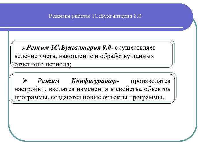 Режимы работы 1 С: Бухгалтерия 8. 0 Режим 1 С: Бухгалтерия 8. 0 -