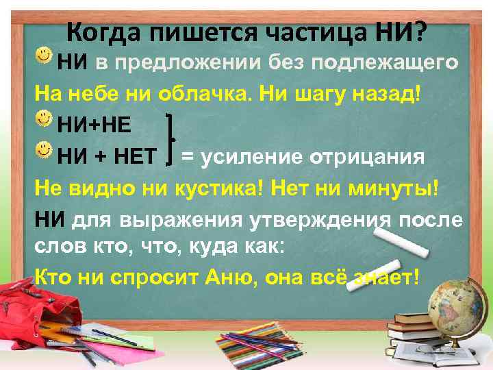 Когда пишется частица НИ? НИ в предложении без подлежащего На небе ни облачка. Ни
