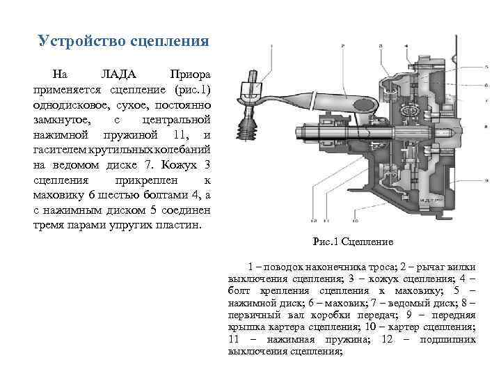 Устройство сцепления На ЛАДА Приора применяется сцепление (рис. 1) однодисковое, сухое, постоянно замкнутое, с