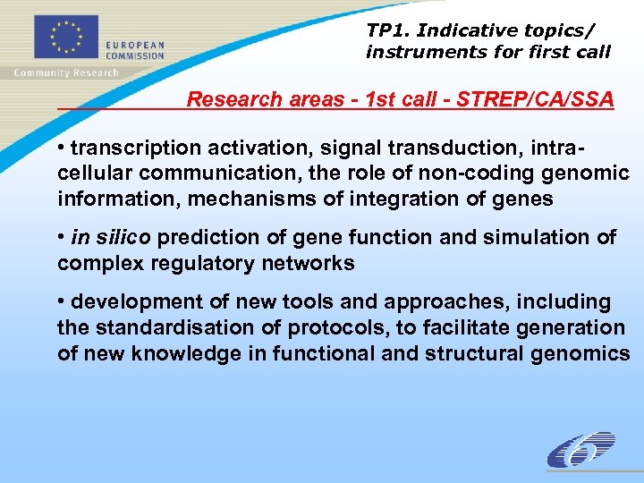 TP 1. Indicative topics/ instruments for first call Research areas - 1 st call