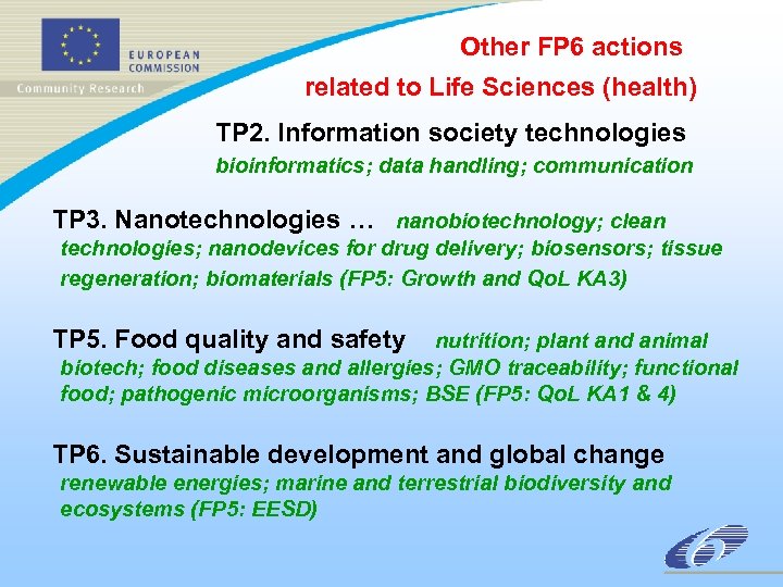 Other FP 6 actions related to Life Sciences (health) TP 2. Information society technologies