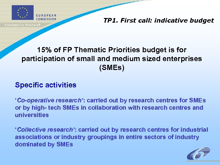 TP 1. First call: indicative budget 15% of FP Thematic Priorities budget is for