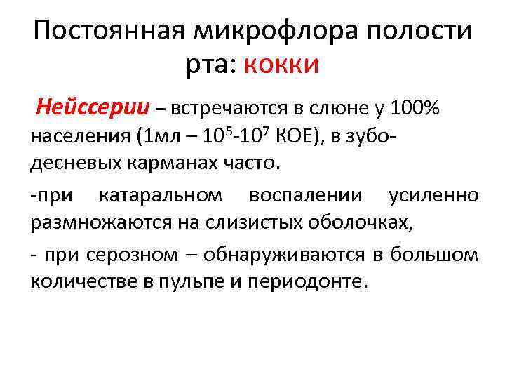 Постоянная микрофлора полости рта: кокки Нейссерии – встречаются в слюне у 100% населения (1