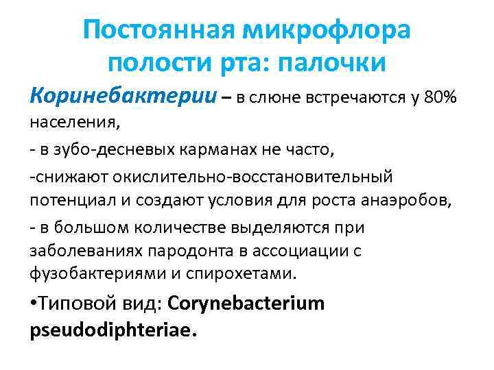 Постоянная микрофлора полости рта: палочки Коринебактерии – в слюне встречаются у 80% населения, -