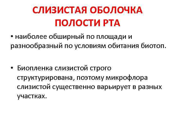 СЛИЗИСТАЯ ОБОЛОЧКА ПОЛОСТИ РТА • наиболее обширный по площади и разнообразный по условиям обитания