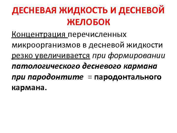 ДЕСНЕВАЯ ЖИДКОСТЬ И ДЕСНЕВОЙ ЖЕЛОБОК Концентрация перечисленных микроорганизмов в десневой жидкости резко увеличивается при