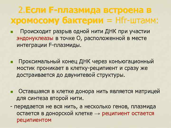 2. Если F-плазмида встроена в хромосому бактерии = Hfr-штамм: n n Происходит разрыв одной