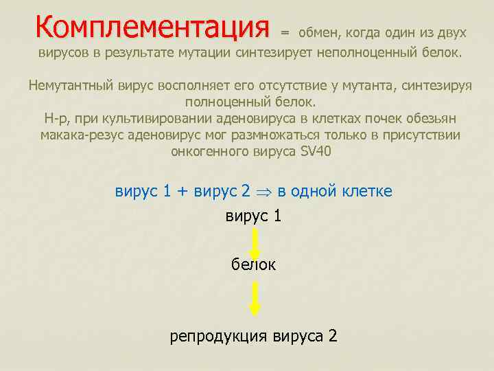 Комплементация = обмен, когда один из двух вирусов в результате мутации синтезирует неполноценный белок.
