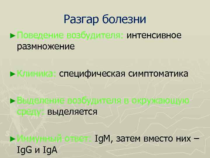 Разгар болезни ► Поведение возбудителя: интенсивное размножение ► Клиника: специфическая симптоматика ► Выделение возбудителя