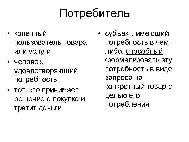 Потребитель • конечный пользователь товара или услуги • человек, удовлетворяющий потребность • тот, кто