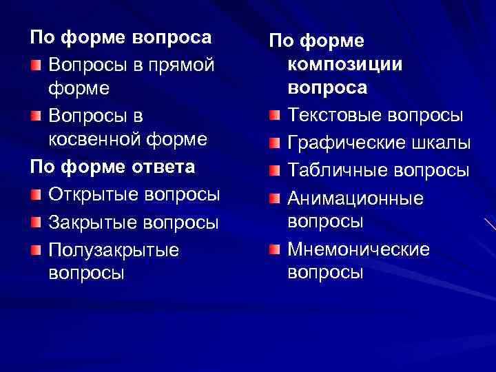 По форме вопроса Вопросы в прямой форме Вопросы в косвенной форме По форме ответа