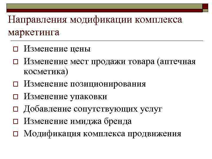 Направления модификации комплекса маркетинга o o o o Изменение цены Изменение мест продажи товара