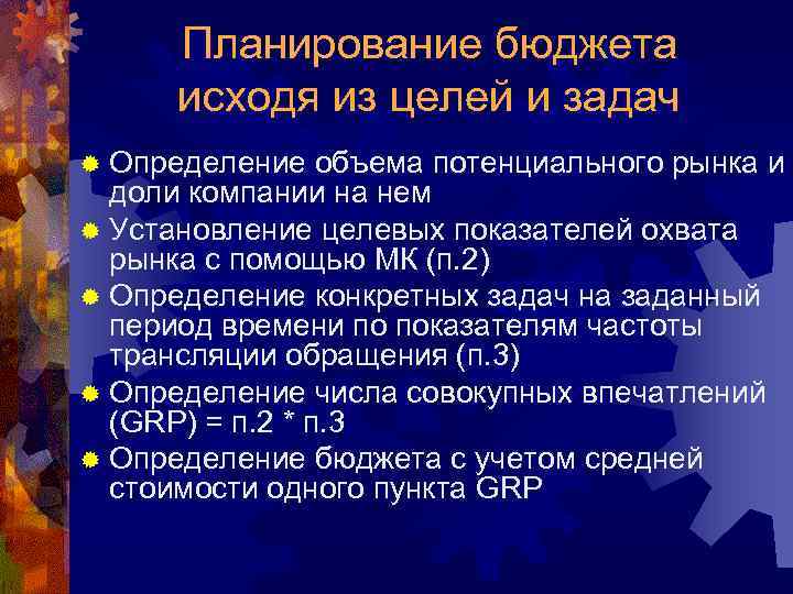 Планирование бюджета исходя из целей и задач ® Определение объема потенциального рынка и доли