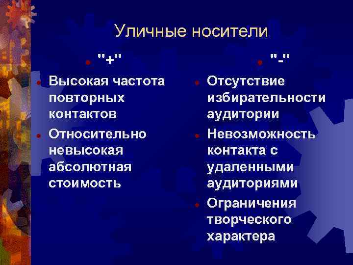 Уличные носители ''+'' Высокая частота повторных контактов Относительно невысокая абсолютная стоимость ''-'' Отсутствие избирательности