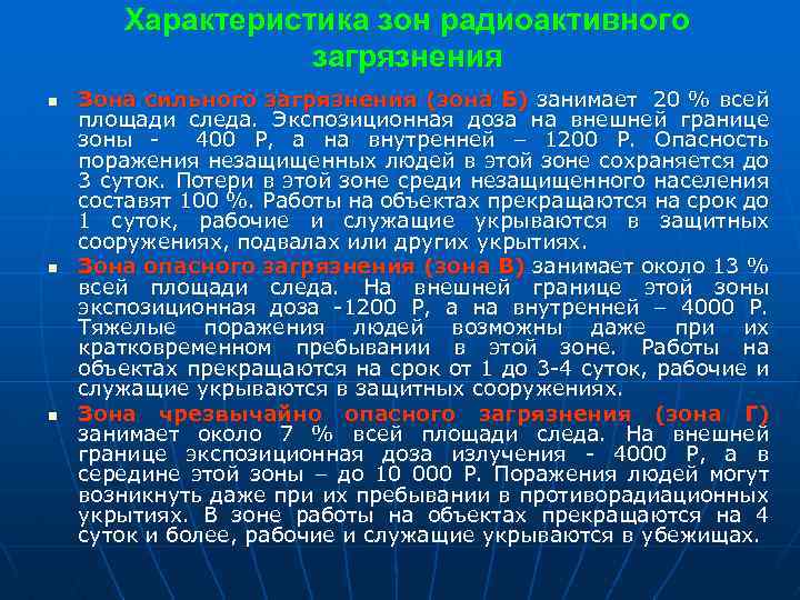 Характеристика зон радиоактивного загрязнения n n n Зона сильного загрязнения (зона Б) занимает 20