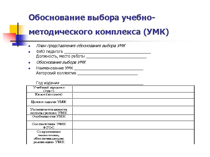 Обоснование выбора учебно- методического комплекса (УМК) n n План представления обоснования выбора УМК ФИО