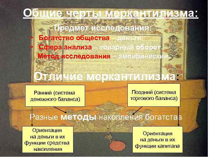 Общие черты меркантилизма: Предмет исследования: • Богатство общества – деньги; • Сфера анализа –