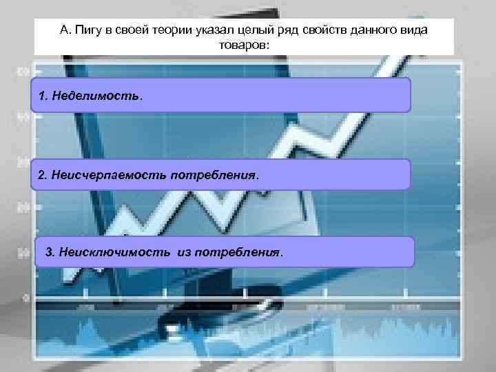 А. Пигу в своей теории указал целый ряд свойств данного вида товаров: 1. Неделимость.