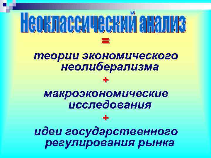 = теории экономического неолиберализма + макроэкономические исследования + идеи государственного регулирования рынка 