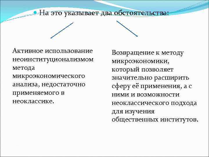  На это указывает два обстоятельства: Активное использование неоинституционализмом метода микроэкономического анализа, недостаточно применяемого