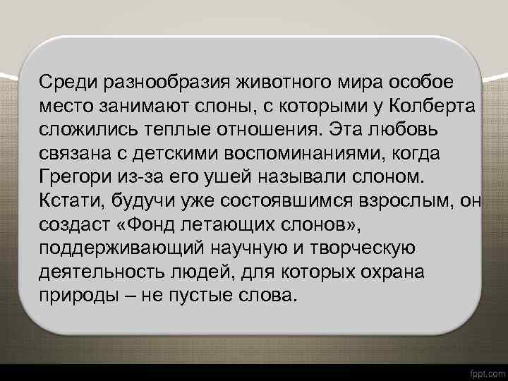 Среди разнообразия животного мира особое место занимают слоны, с которыми у Колберта сложились теплые