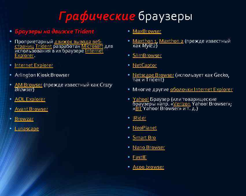Графические браузеры • Браузеры на движке Trident • Max. Browser • Проприетарный движок вывода