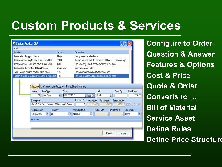 Custom Products & Services Configure to Order Question & Answer Features & Options Cost