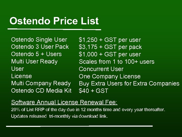 Ostendo Price List Ostendo Single User Ostendo 3 User Pack Ostendo 5 + Users