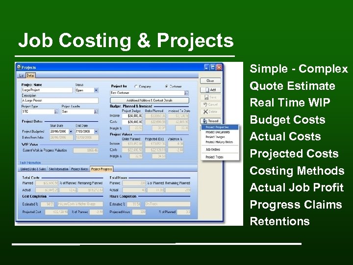 Job Costing & Projects Simple - Complex Quote Estimate Real Time WIP Budget Costs