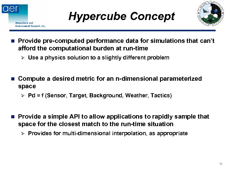 Hypercube Concept n Provide pre-computed performance data for simulations that can’t afford the computational