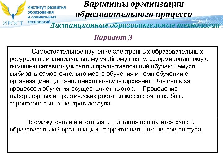 Варианты организации образовательного процесса Дистанционные образовательные технологии Вариант 3 Самостоятельное изучение электронных образовательных ресурсов