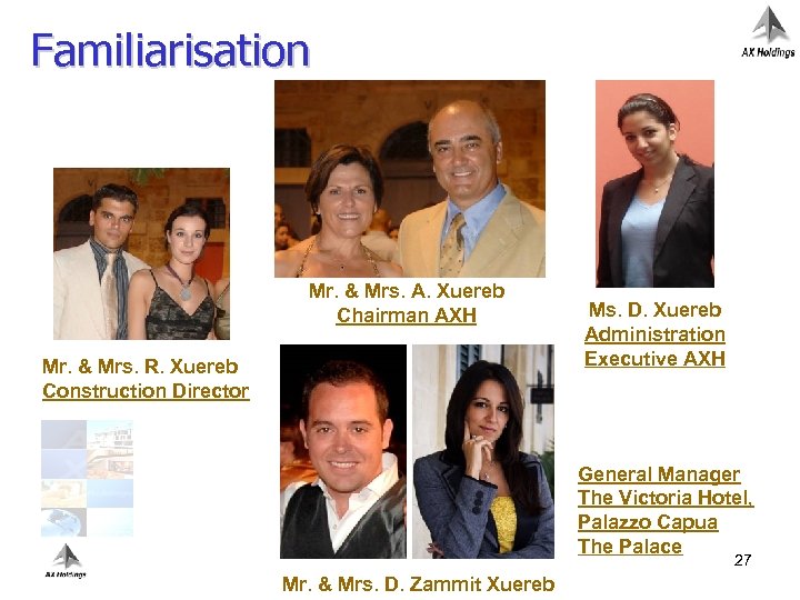 Familiarisation Mr. & Mrs. A. Xuereb Chairman AXH Mr. & Mrs. R. Xuereb Construction