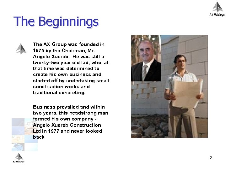 The Beginnings The AX Group was founded in 1975 by the Chairman, Mr. Angelo