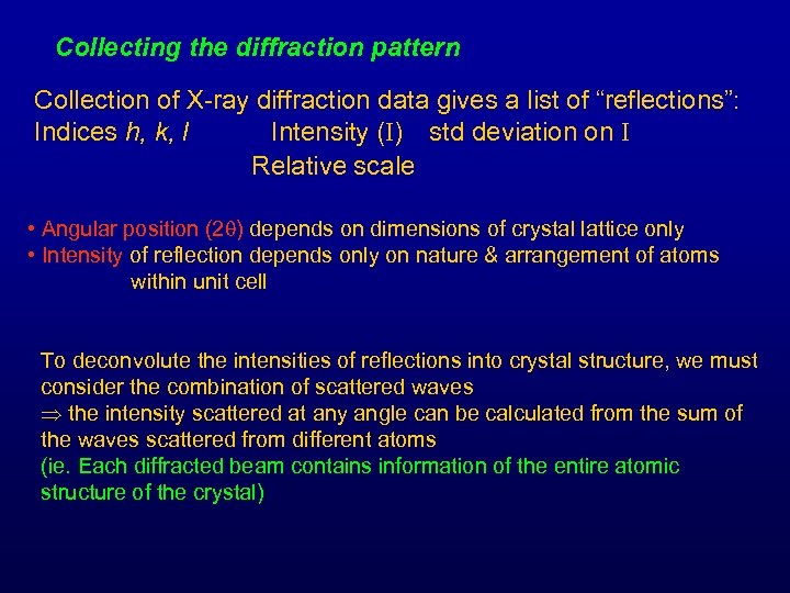Collecting the diffraction pattern Collection of X-ray diffraction data gives a list of “reflections”: