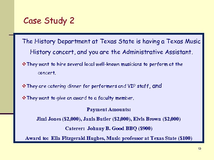 Case Study 2 The History Department at Texas State is having a Texas Music