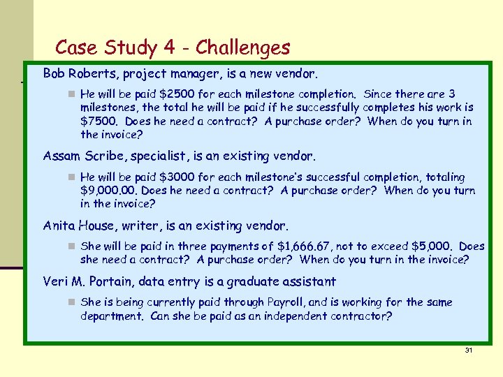 Case Study 4 - Challenges Bob Roberts, project manager, is a new vendor. n