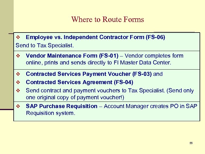Where to Route Forms Employee vs. Independent Contractor Form (FS-06) Send to Tax Specialist.