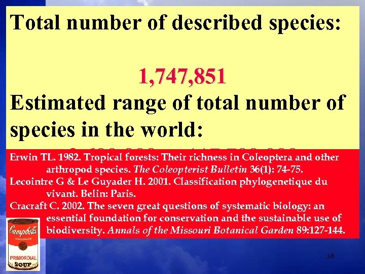 Total number of described species: 1, 747, 851 Estimated range of total number of