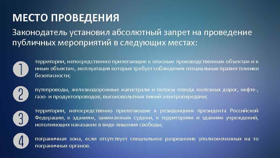 МЕСТО ПРОВЕДЕНИЯ Законодатель установил абсолютный запрет на проведение публичных мероприятий в следующих местах: территории,