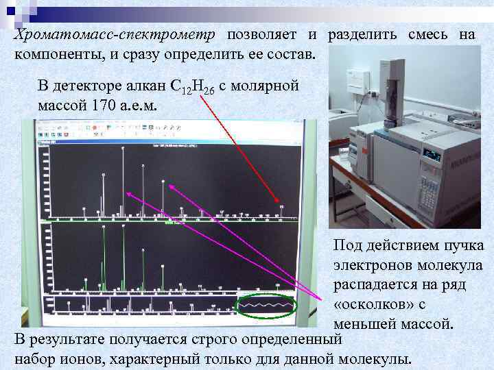 Хроматомасс-спектрометр позволяет и разделить смесь на компоненты, и сразу определить ее состав. В детекторе