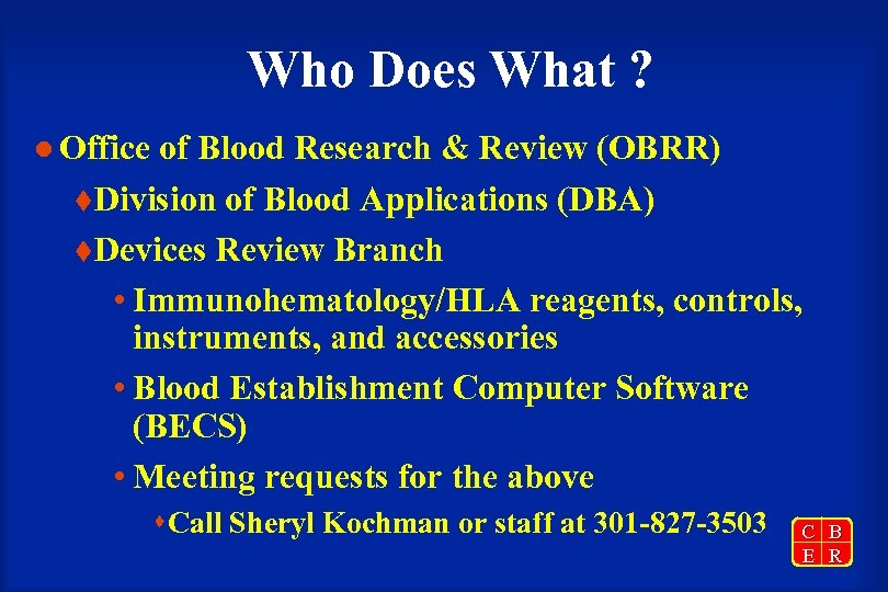 Who Does What ? l Office of Blood Research & Review (OBRR) t. Division