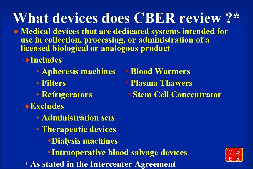 What devices does CBER review ? * l Medical devices that are dedicated systems
