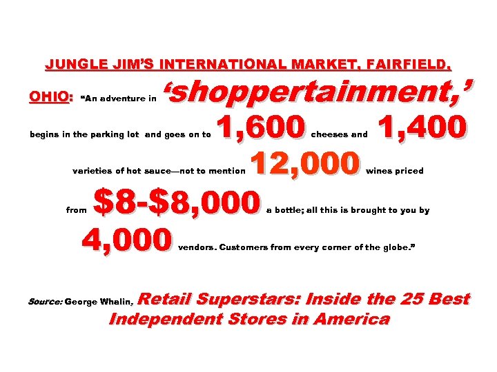 JUNGLE JIM’S INTERNATIONAL MARKET, FAIRFIELD, OHIO: ‘shoppertainment, ’ 1, 600 1, 400 12, 000